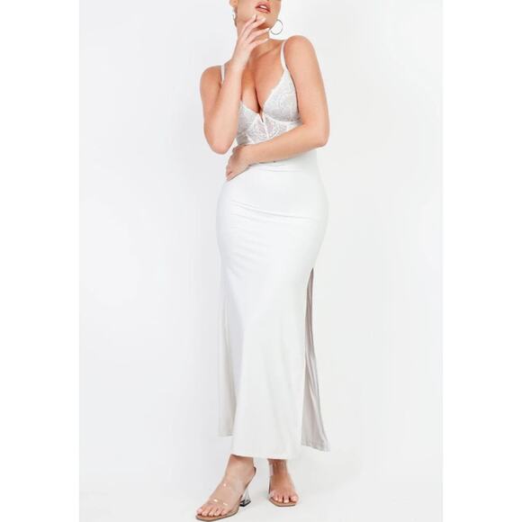 POPILUSH Shapewear Lace V Neck Side Slit Slimming Maxi Slip Dress Large White - Picture 2 of 14